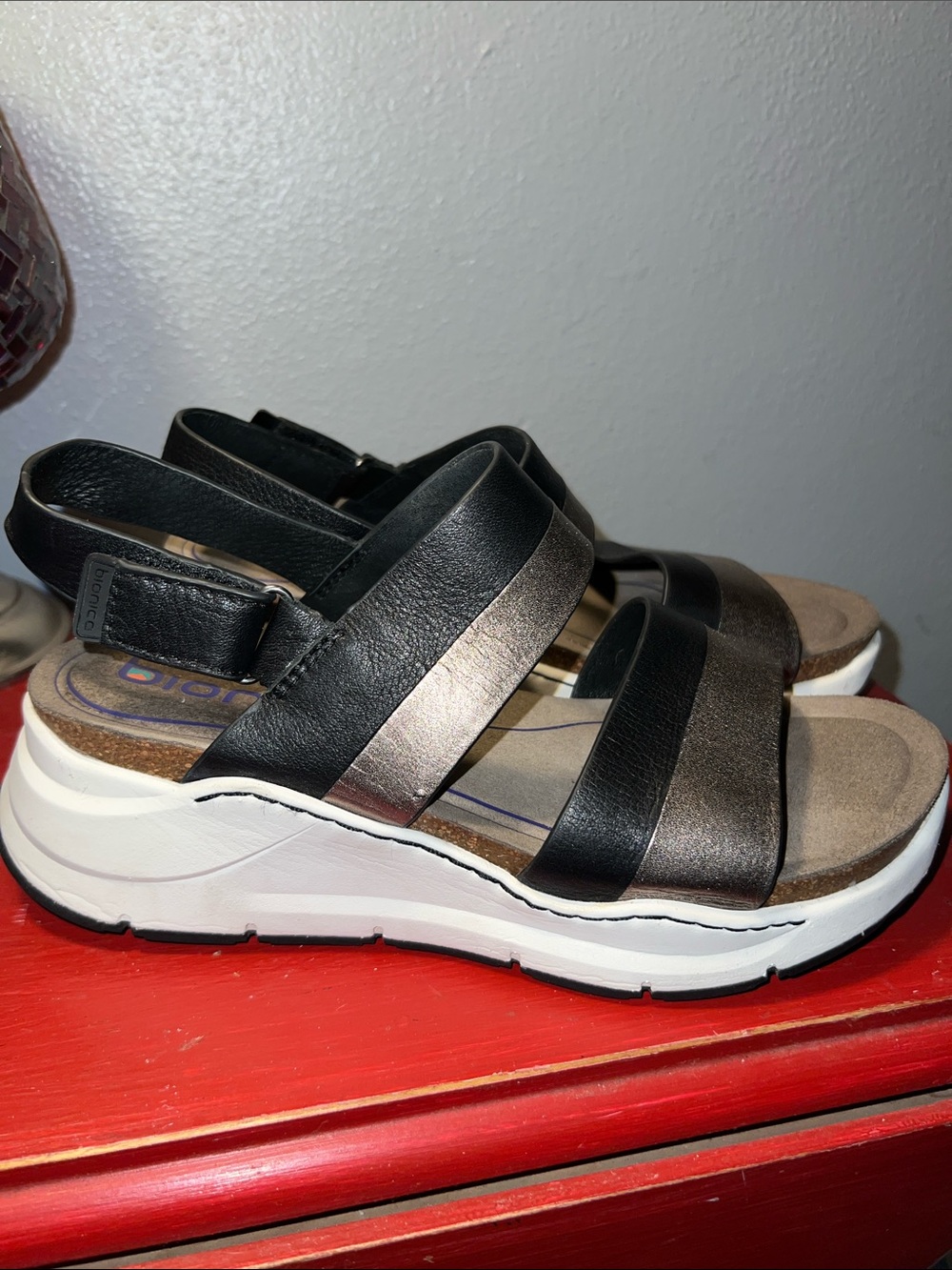 Bionica Black and Metallic Bronze Two-Strap Slingback Sandals - Picture 3 of 5